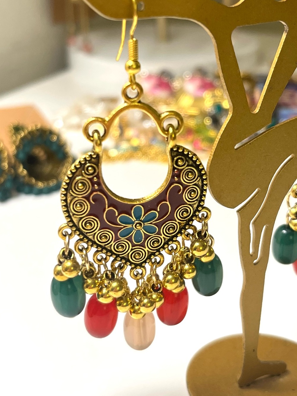 Gold Tone Enamel Beaded Boho Earrings - Picture 3 of 3